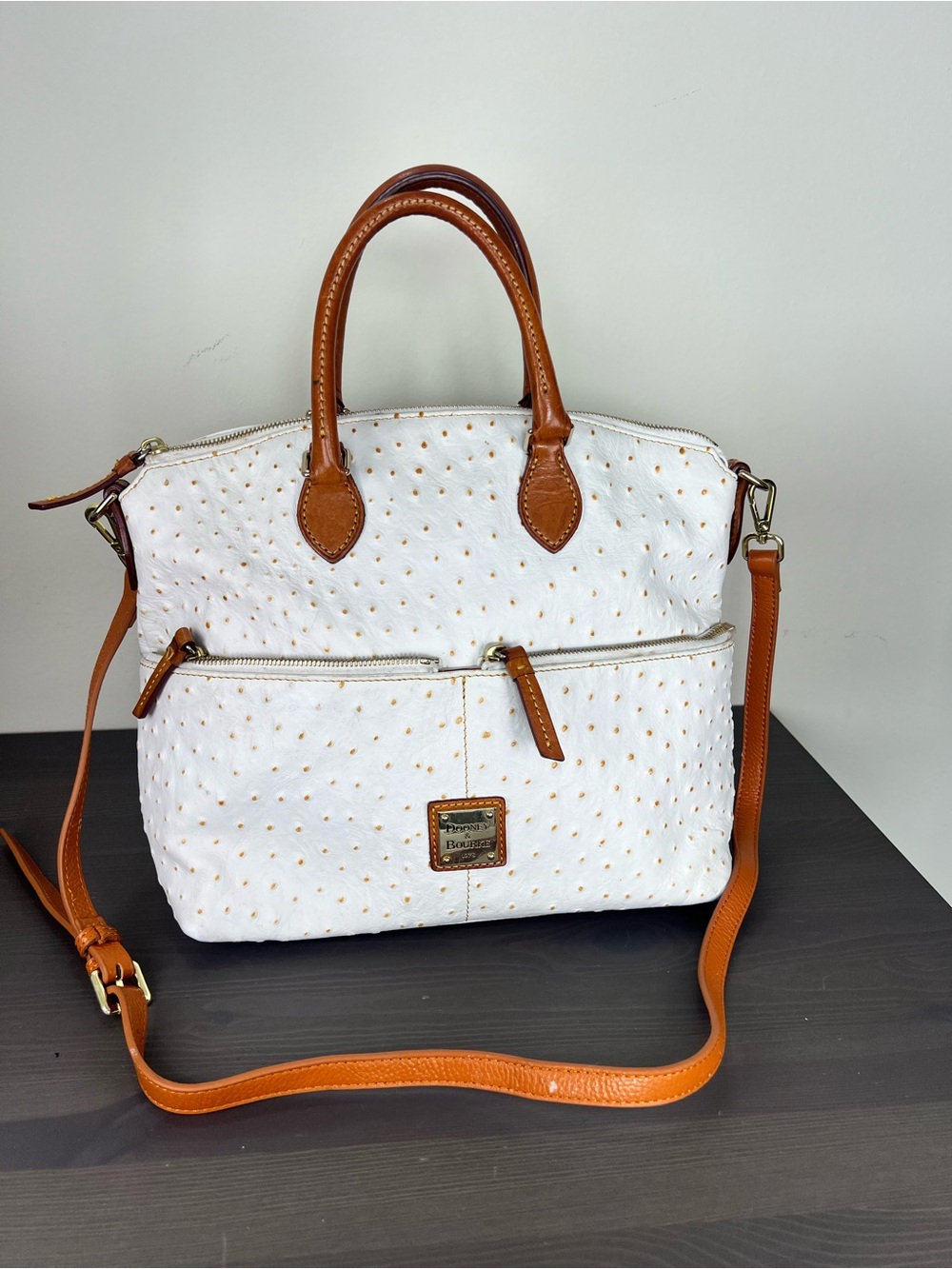 Dooney & Bourke White Ostrich Embossed Leather Satchel Tote Bag